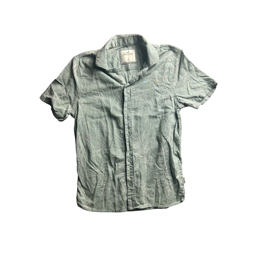 Hollister Boys XS Sage Green Embroidered Leaf Cotton Linen Short Sleeve Shirt